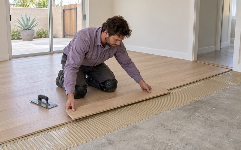 Worker lowering an engineered hardwood plank onto freshly troweled adhesive over a concrete floor.