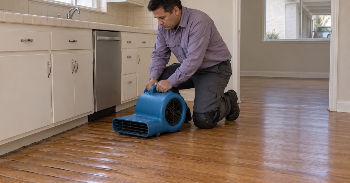 Worker aiming an air mover across cupped, water-damaged hardwood strips beside a Gardena kitchen.