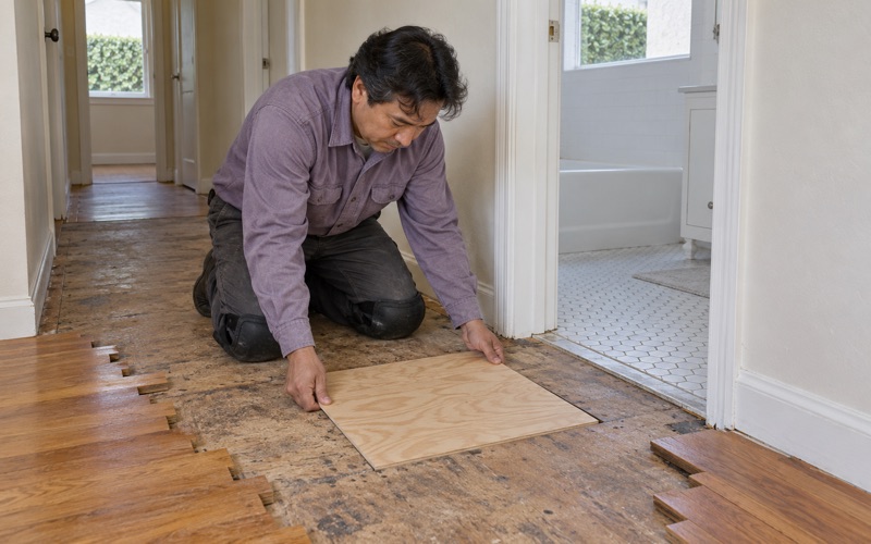 Worker lowering a new plywood patch into the subfloor beside a bathroom doorway in a Gardena house.