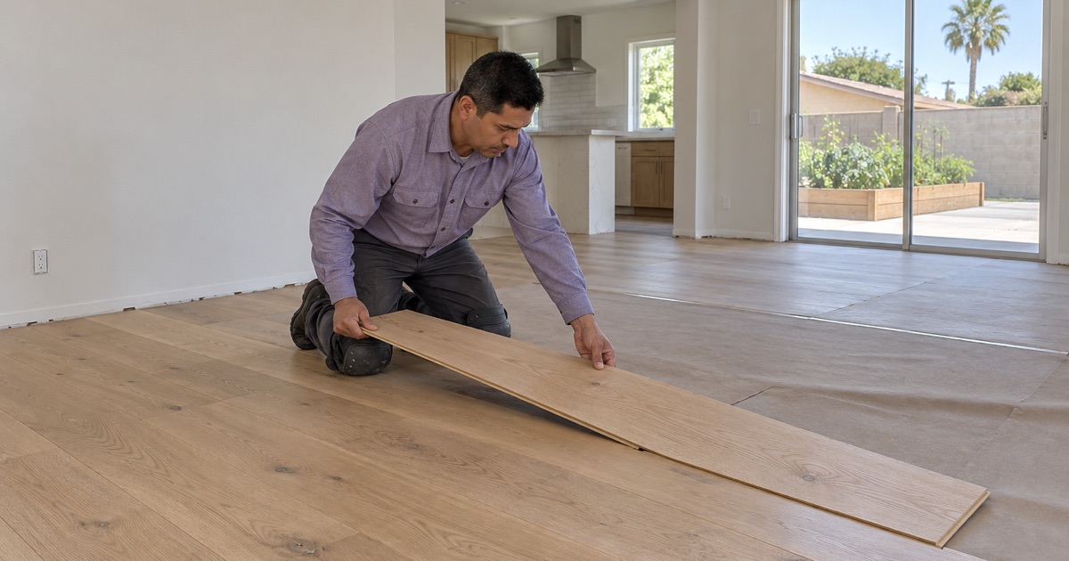 Worker lowering a long wide white oak plank onto the last row of a wide plank floor in a Gardena room.