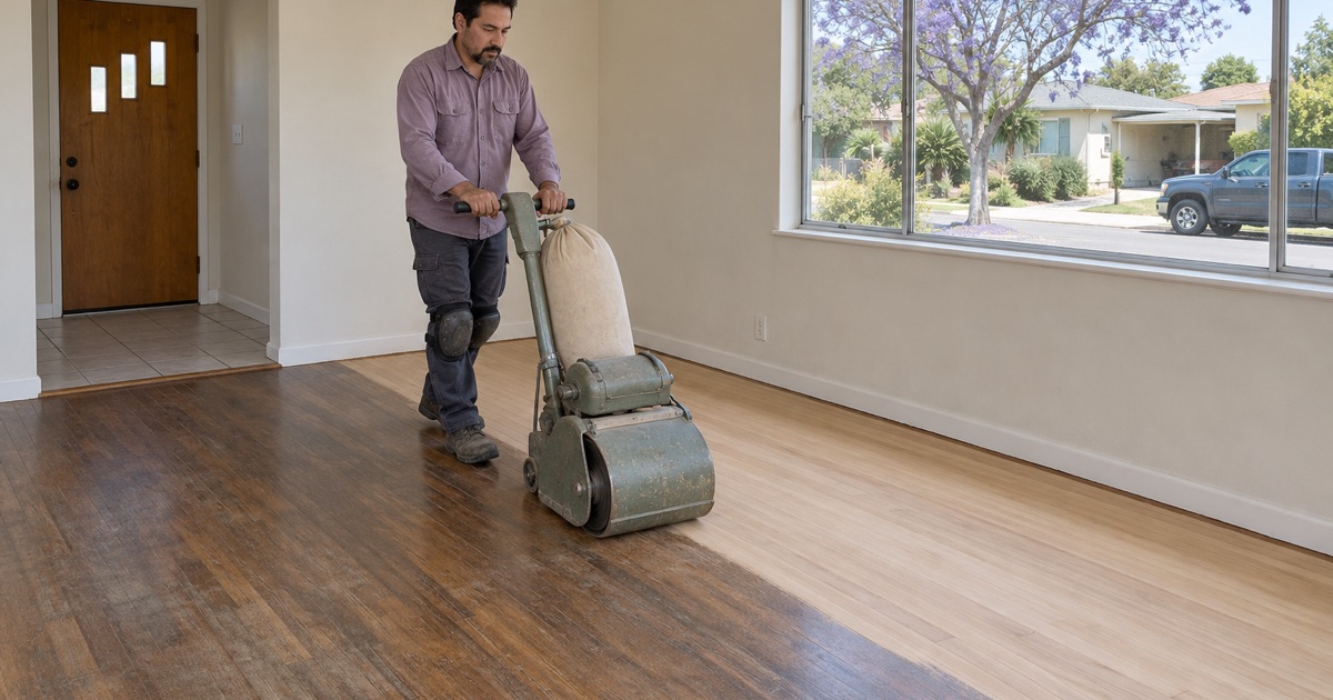 Worker steering a drum sander across the old finish of a hardwood strip floor in a Gardena house.