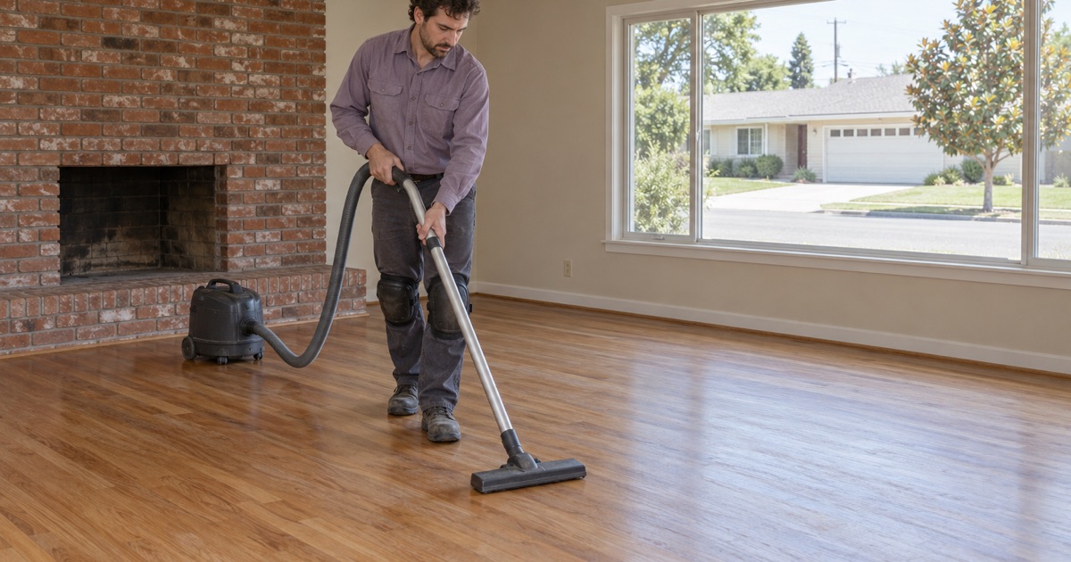 Worker vacuuming between coats on the hardwood floor of a 1950s Alondra Park ranch house.