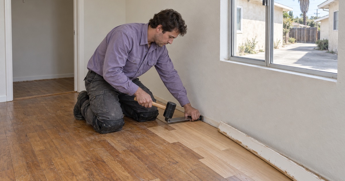 Worker finishing a hardwood floor repair in an empty Artesia house before the next owner or tenant.