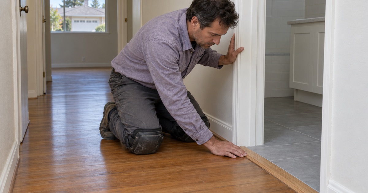 Worker setting a hardwood reducer where a Carson tract house’s floor meets a newly retiled bathroom.