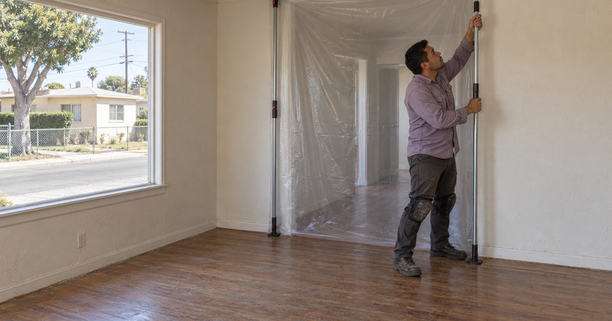 Worker tightening a floor-to-ceiling dust barrier pole across a doorway before sanding a Compton hardwood floor.