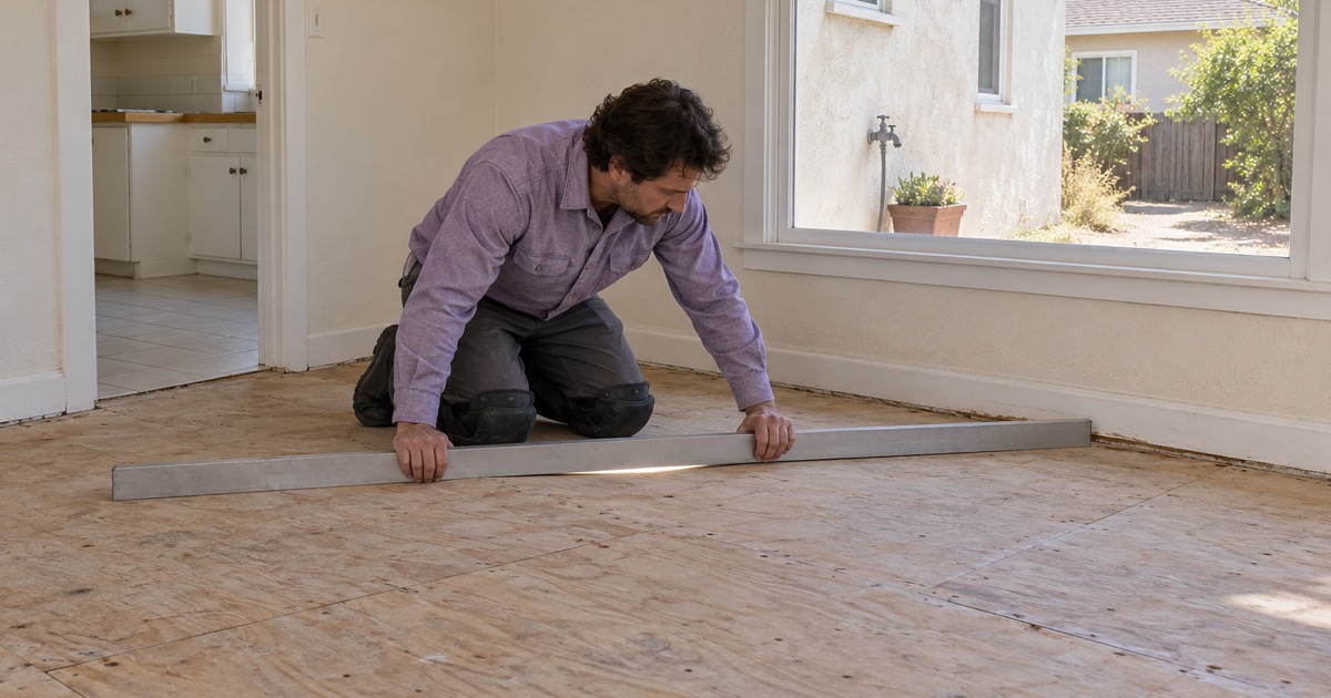 Worker checking a dip in the floor with a long straightedge in an El Segundo bungalow before new wood goes down.