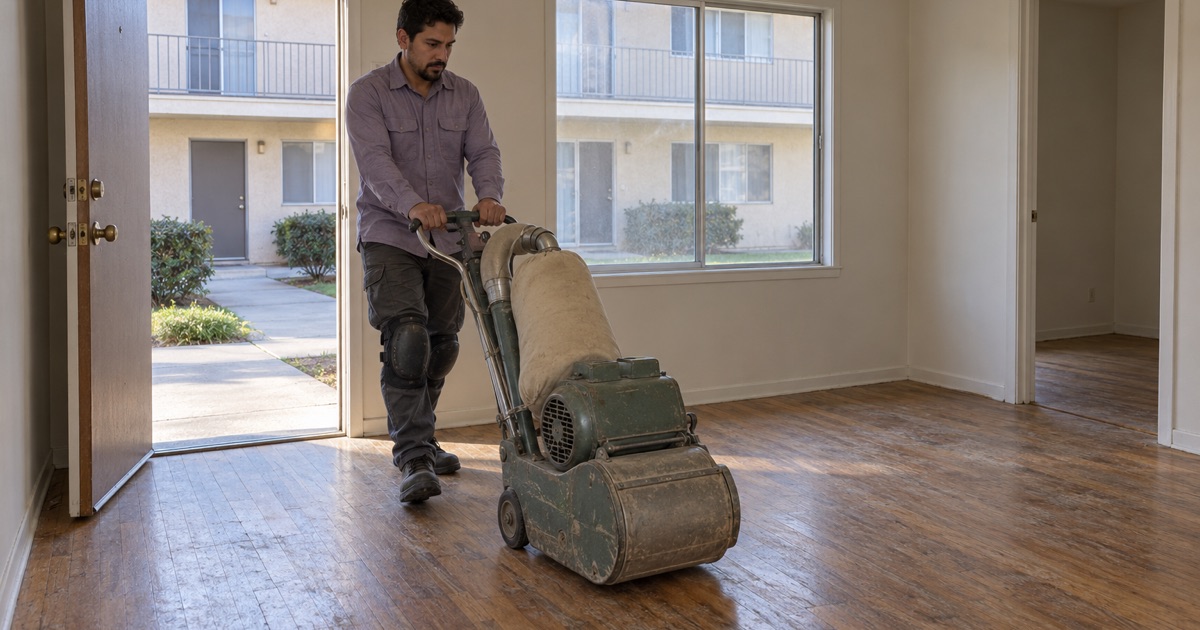 Worker wheeling a floor sander into a Hawthorne apartment unit at the start of the work day.