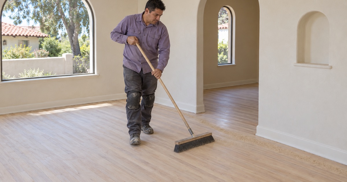 Worker pushing a wide broom across the freshly sanded hardwood floor of a 1920s Inglewood Spanish bungalow.