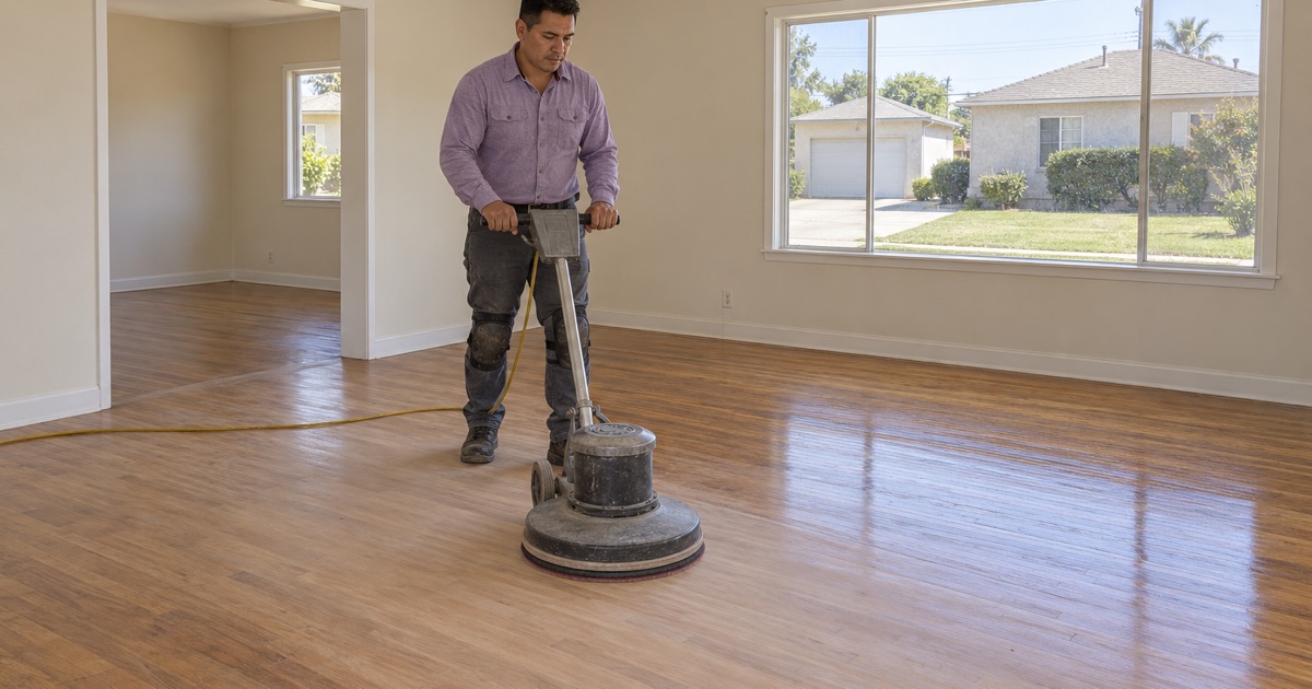 Worker screening a hardwood floor with a rotary buffer before a Lawndale house goes on the market.