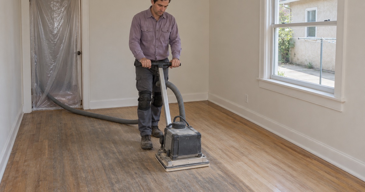 Worker sanding one room at a time in a Lennox house that stays lived in.