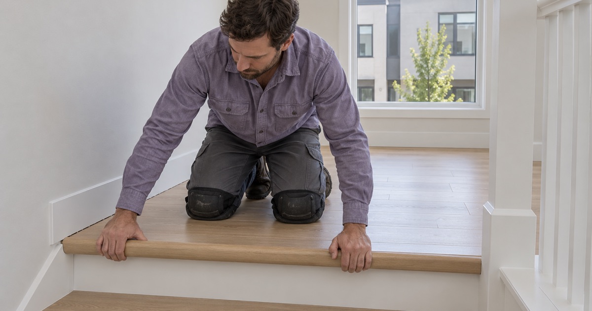 New engineered hardwood floor and stair nosing going in on the upper landing of a rebuilt Malibu home.