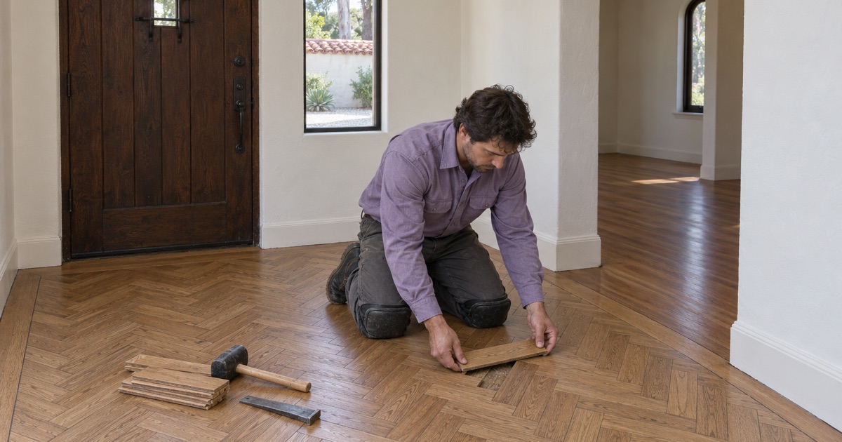 Worker setting a herringbone oak slat into the entry floor of a Spanish-style Palos Verdes Estates house.
