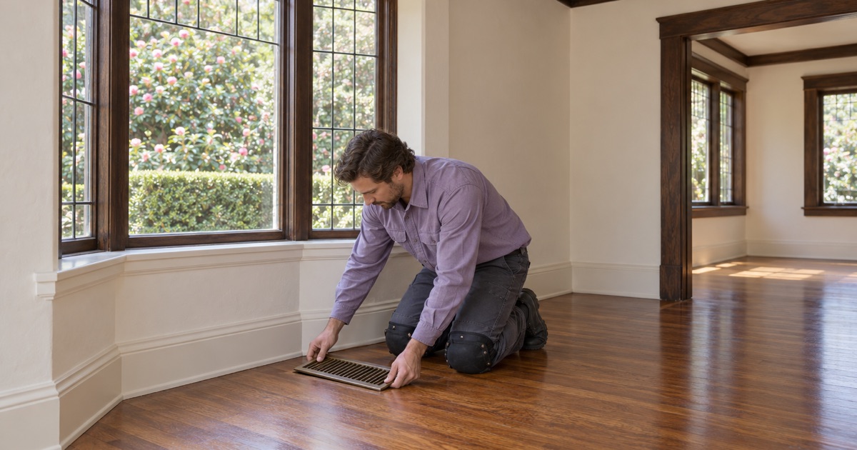 Refinished hardwood strip floor beside a bay window in an older Sierra Madre house.