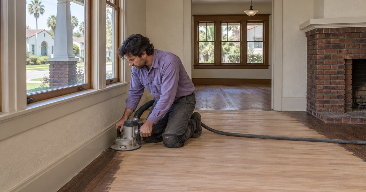 Worker running a disc edger along the wall of a 1920s Craftsman house’s hardwood floor in the Torrance Tract.