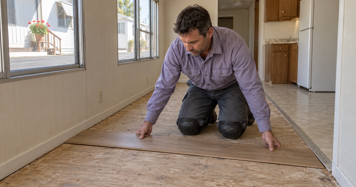 Worker laying a loose engineered plank on the floor decking of an older West Carson manufactured home.