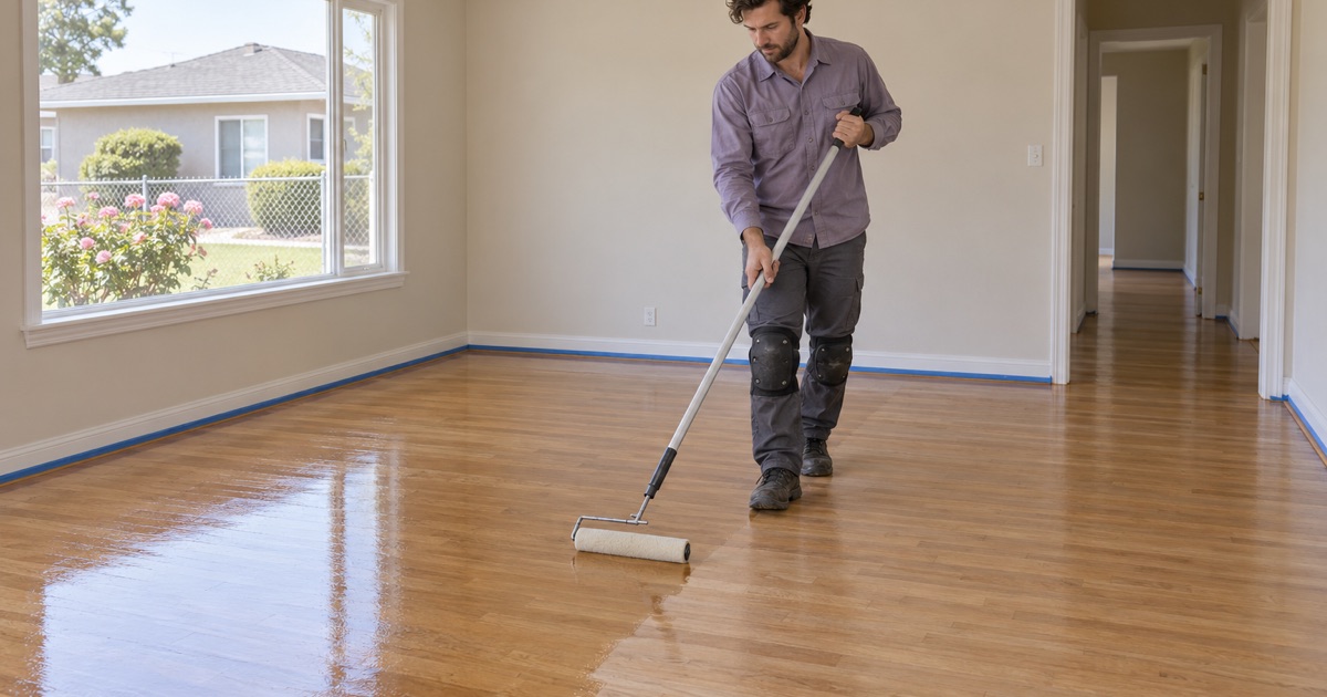 Worker recoating an older hardwood floor in a West Rancho Dominguez house.